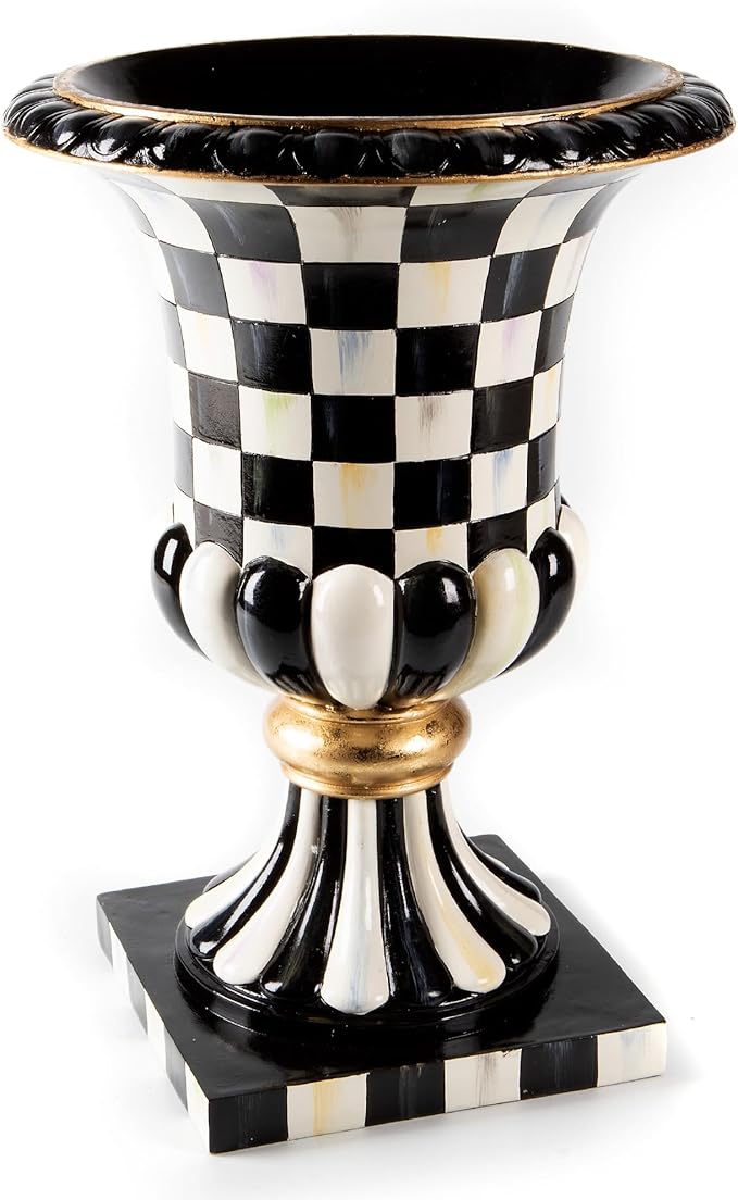 MACKENZIE-CHILDS Pedestal Tabletop Urn, Decorative Centerpiece for Table, Mantel, or Shelf, Tall, Black-and-White Courtly Check