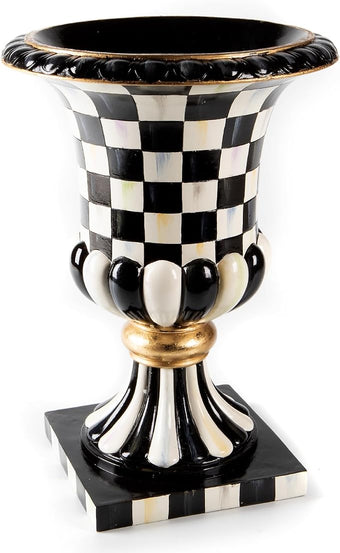 MACKENZIE-CHILDS Pedestal Tabletop Urn, Decorative Centerpiece for Table, Mantel, or Shelf, Tall, Black-and-White Courtly Check