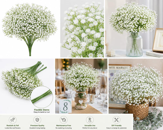 FIESTA CART 6-Stem Baby’s Breath Artificial Flowers Bulk, White Faux Gypsophila with Greenery for Wedding Bouquets, Centerpieces and Home Decor