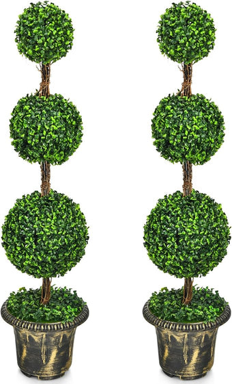 DREAMADE 4ft Topiary Trees Artificial Outdoor/Indoor, Faux Plants Shrub Bushes w/Cement-Filled Retro Pot, Fake Triple Ball Boxwood Topiary Set of 2 for Home, Office, Porch, Front Door, Entrance