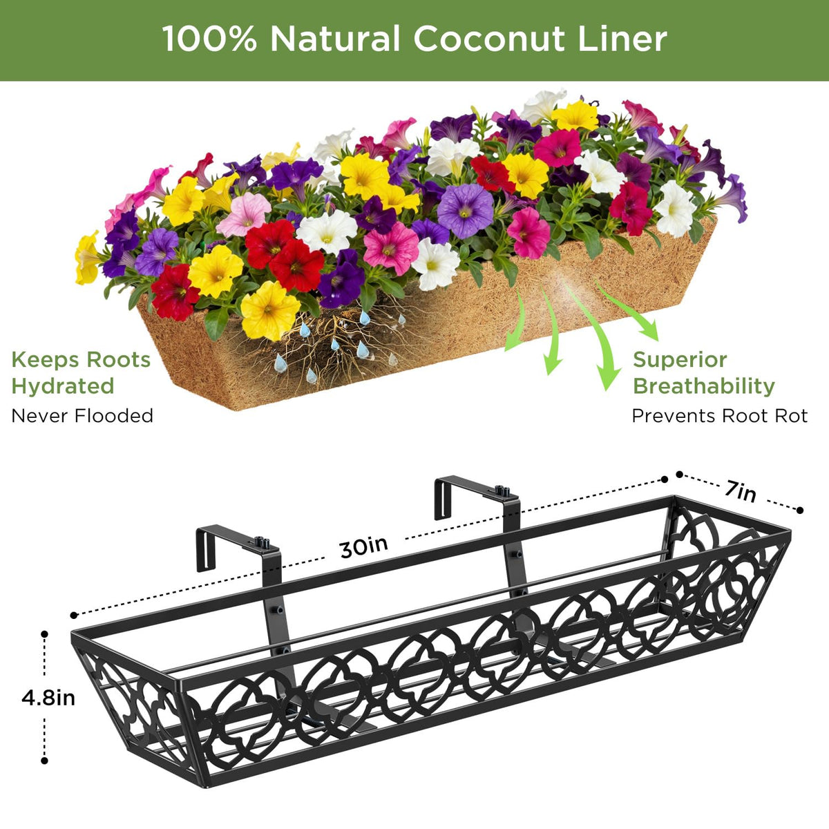 Y&M 4Pcs 30'' Railing Planter Box Set with Coconut Coir Liner, Flower Boxes with Adjustable Brackets, Large Metal Hanging Window Boxes for Fence, Deck, Balcony, and Outdoor Garden