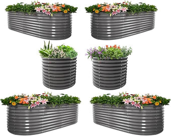 A ANLEOLIFE 6-Piece 30 Inch Extra Tall Galvanized Raised Garden Beds Kit, Large Oval & Round Metal Planters – Ideal for Backyard Vegetables Flowers Herbs, Quartz Grey