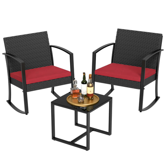 Homall Patio Furniture Set 3 Piece Resin Outdoor Bistro Set Rocking Patio Chairs with Cushions and Table for Porch, Poolside, Balcony and Yard (Red)