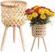 Boho Rattan Plant Stand Set of 2 – Handwoven Tall Elevated Wicker Plant Baskets for Indoor Plants, Mid-Century Modern Wooden Planter Holder with Tripod Legs, Farmhouse Home Decor