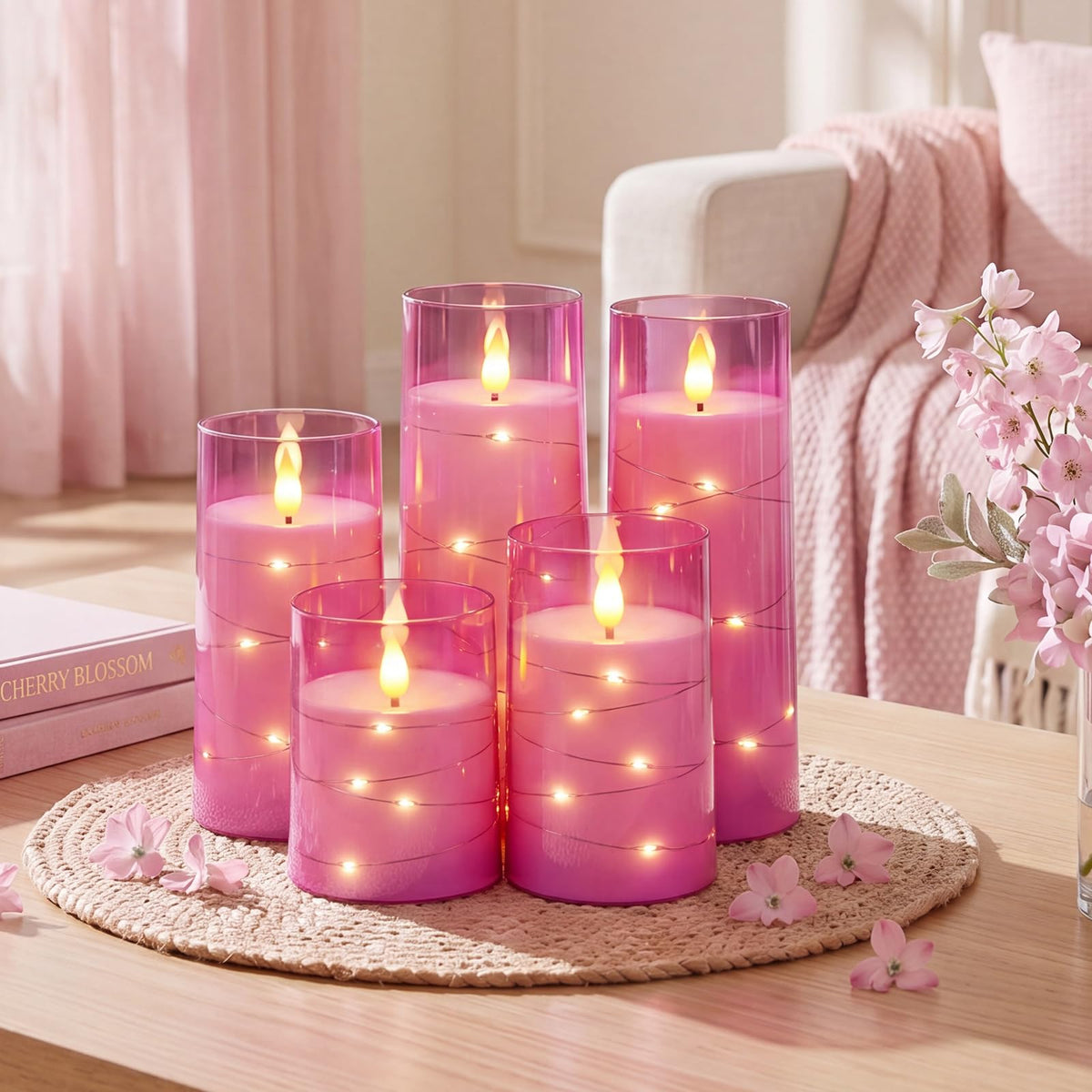 Homemory Flickering Flameless Candles, Pink LED Pillar Candles with Remote