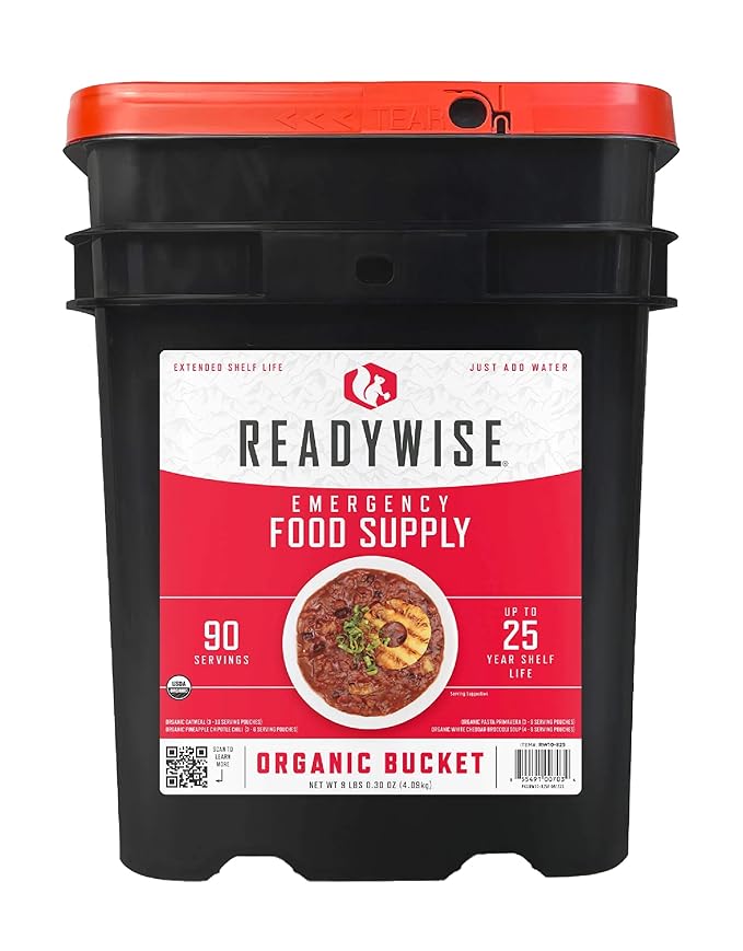 ReadyWise Emergency Food Supply - 90 Servings Organic Bucket, Protein Meals, Dehydrated & Freeze Dried Survival Food for Backpacking, Camping Essentials & Prepping Supplies, up to 25 Year Shelf Life