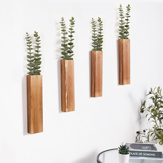 4-Pack Wood Wall Planters with 8 Removable Faux Eucalyptus Stems - Modern Farmhouse Wall Decor for Living Room, Bedroom, Bathroom - Wooden Wall Vases and Fake Eucalyptus for Home Office Decor
