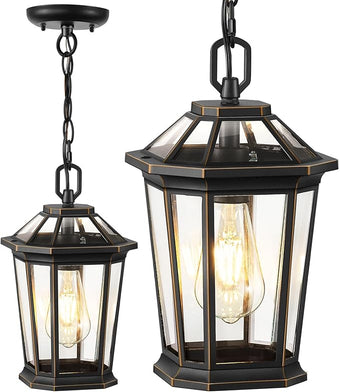 VIANIS Outdoor Pendant Light Fixtures for Porch, Exterior Ceiling Hanging Lanterns, Anti-Rust Waterproof Farmhouse Outdoor Chandelier, Black Gold Aluminum with Tempered Glass for Entryway, 1 Pack