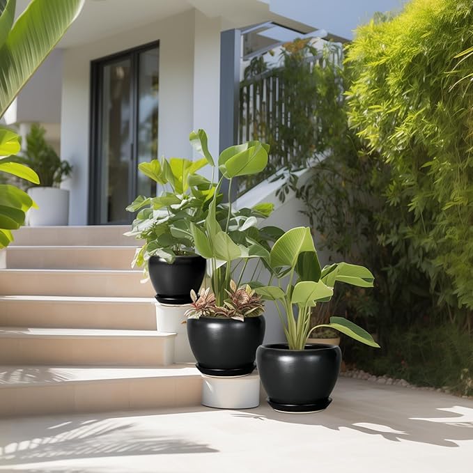 Ceramic Planters Pots - 10 Inch 8 Inch 6 Inch Plant Pots Indoor with Drainage Holes and Saucers Large Planters Mid-Century Flower Pots Outdoor Set of 3 Black