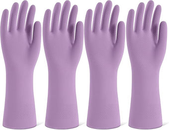 Rubber Cleaning Gloves for Dishwashing, 4 Pairs Reusable Kitchen Gloves for Washing Dishes and Household Cleaning, Purple Dish Gloves with Flocked Lining and Non-Slip Grip, Pefect for Woman Men - S