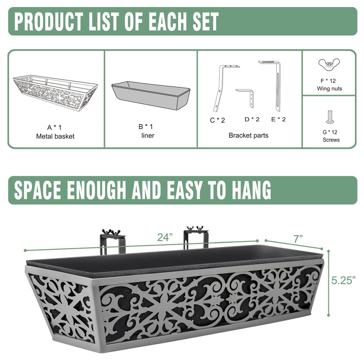 2 Pack 24 Inch Window Boxes Planter for Outdoor Plants Deck Railing Planters Box with Adjustable Brackets for Porch Fence Balcony Hanging Flower Baskets with Non-Woven Fabric Liner for Garden Decor