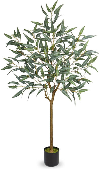 Briful 5ft Artificial Eucalyptus Tree in Black Pot, Realistic Silk Potted Floor Plant Eucalyptus Plant for Home Decor Indoor Outdoor Patio Office, Green Leaf