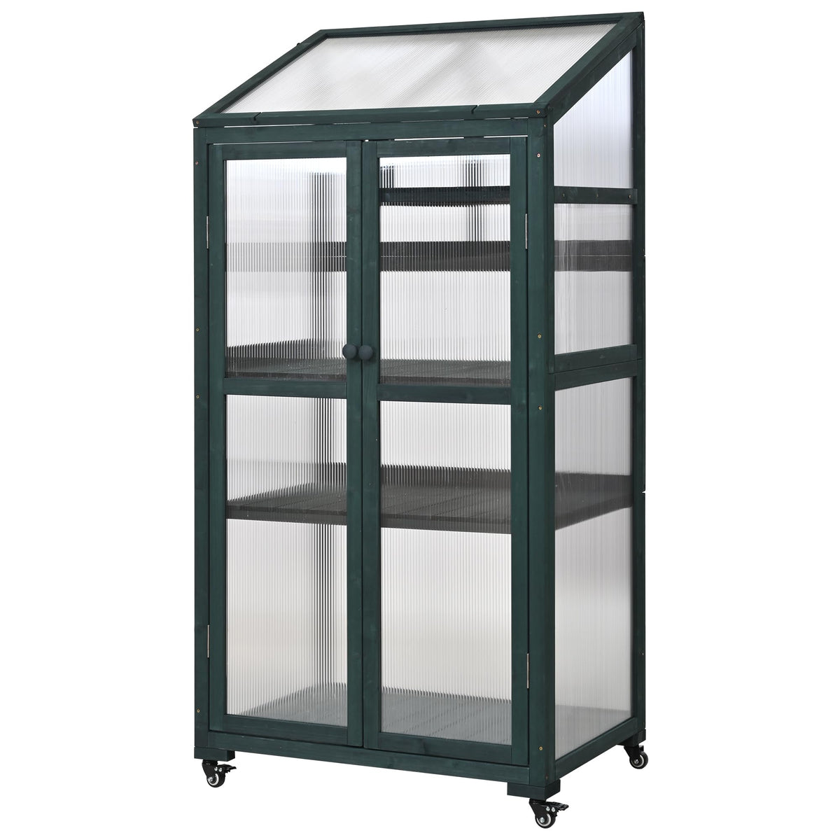 62" Wooden Greenhouse with Wheels - Adjustable Shelves Portable Cold Frame for Balcony/Patio, UV-Resistant Indoor Outdoor Plant Growing Cabinet (Large, Heavy-Duty) (Green)