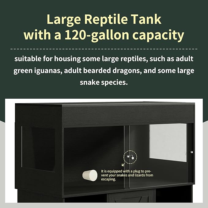 Herture 120 Gallon Reptile Tank with Stand, 4x2x2 Terrarium Enclosure for Bearded Dragons, Snakes, Lizards – Sliding Acrylic Doors, Mesh Top, Storage Cabinet, Built-in Power Outlet Black PX01RTB