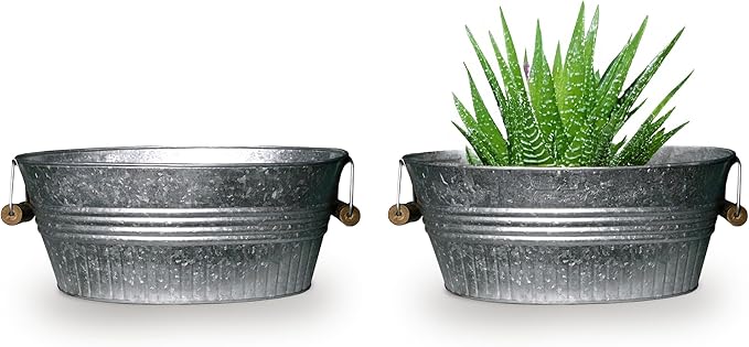Headwind Vintage Collection 14-Inch Oval Galvanized Tub with Handles – Metal Wash Basin Planter - Galvanized Metal Tub for Indoor & Outdoor Use by Robert Allen