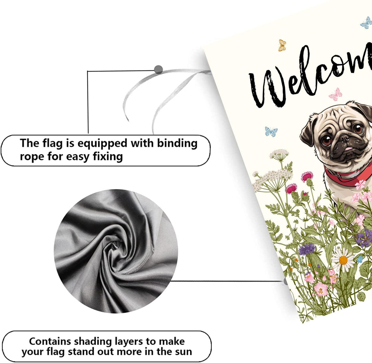 Floral Pug Garden Flag Spring Summer House Flags 28 x 40 Double Sided Flower Dog Yard Flags for Outside Large Outdoor Welcome Flags