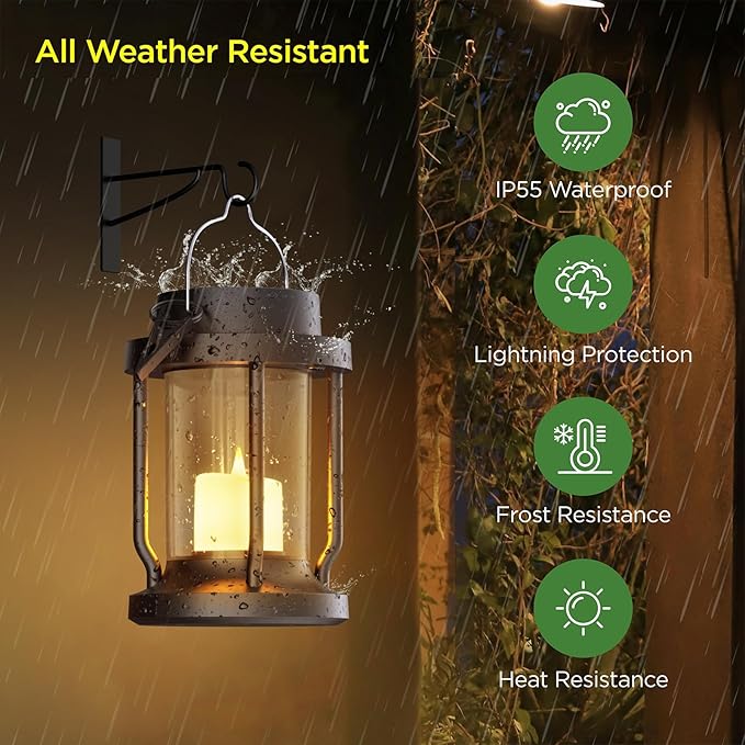 Solar Lantern Outdoor & Indoor Use – Hanging Solar Lights with Realistic Flickering Flameless Candle, Weatherproof for Gardens, Patios, Trees, and Lawns (Black, 4 Pack)