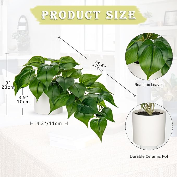 Hollyone Artificial Plants Potted Fake Plants in White Ceramic Pot Faux Pothos Haning Plants Indoor for Home Living Room Shelf Office Aesthetic Decor