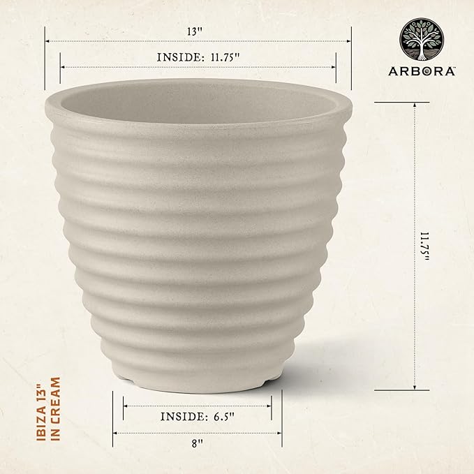 ARBORA 13" Ibiza Polyresin Indoor and Outdoor Planter with Classic Cream Finish - Durable, Weatherproof, Lightweight, Large Plant Pot for Patio, Garden, Deck, Entryway - 2 Pack