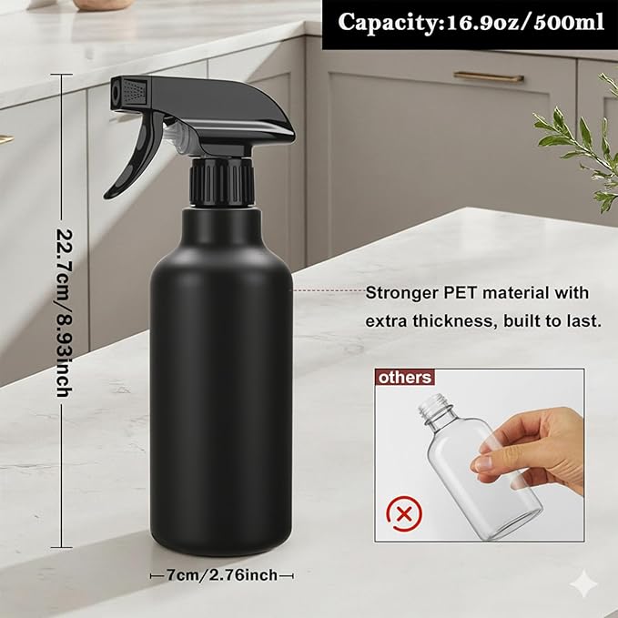 Spray Bottles Plastic Spray Bottle for Hair Mist/Stream Heavy Duty Empty Spray Bottles for Cleaning Solutions, Plants, Cooking (16.9oz-Black)
