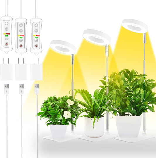 Halo Plant Grow Light,yadoker LED Growing Light with Base,Full Spectrum for Indoor Plants,Height Adjustable, Automatic Timer, 5V Low Safe Voltage,Idea for Small Plant Light(3 Pack)
