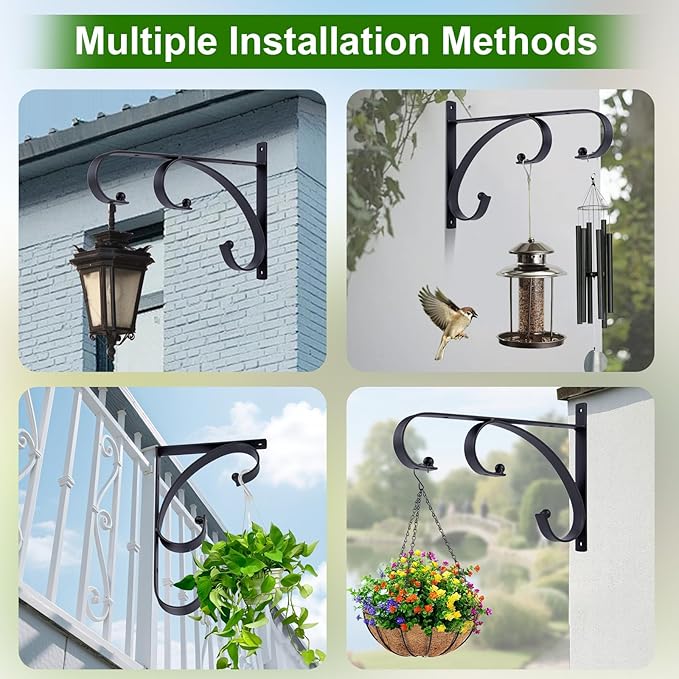 gajavo Plant Hangers Outdoor Indoor, 10 Inch Hanging Plant Brackets 2/4 Pack, Decorative Iron Plant Hooks for Hanging Plants, Bird Feeders, Wind Chimes, Flower Baskets (4Pack)