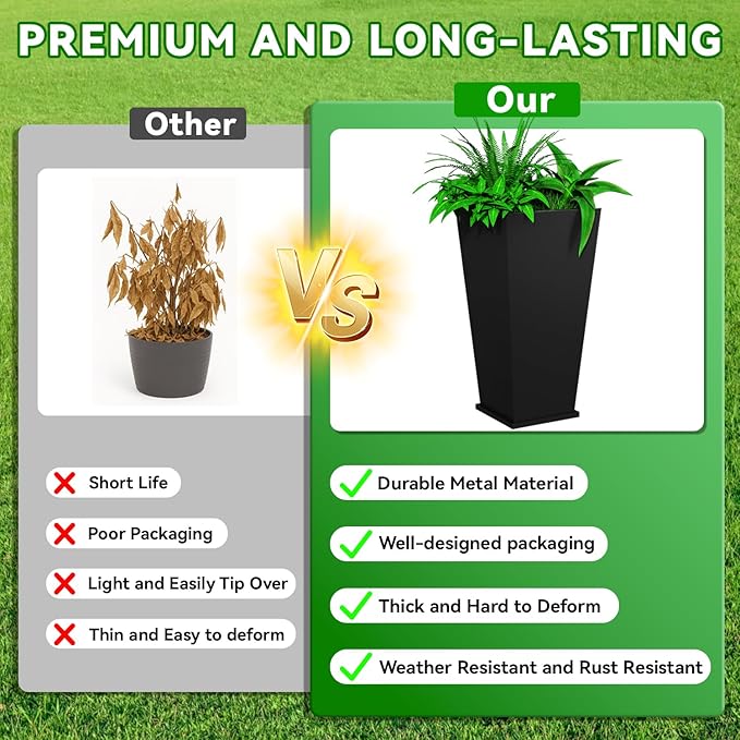 NUWJBYE Tall Metal Planter Box, 15" L x 15" W x 30" H 2-Pack Outdoor Planters with Removable Tray, Heavy Duty Steel Front Porch Planters for Patio, Balcony, Indoor(Black)