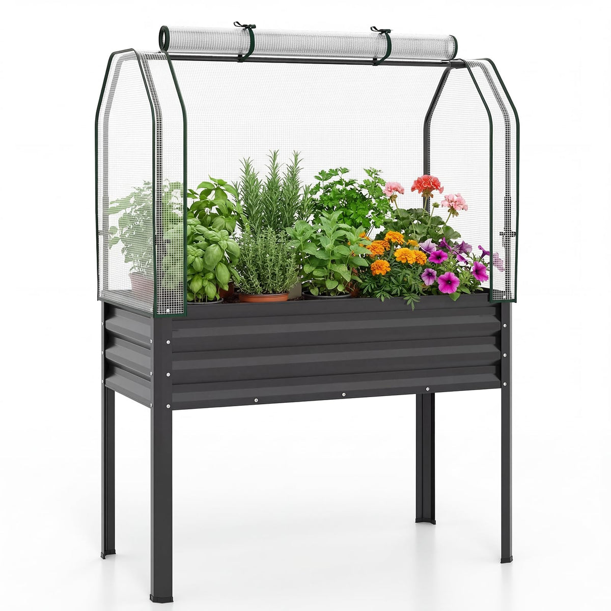 GIANTEX Raised Garden Bed with Legs & Greenhouse Cover, 44x22x60 Elevated Metal Planter Box with Roll-up Door, Outdoor Mini Greenhouse for Vegetable Flower Herb Patio Balcony (Black,1)