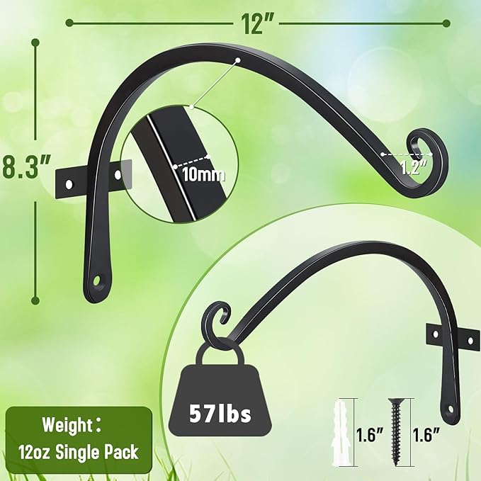 FEED GARDEN 2 Pack 12 Inch Hanging Plant Bracket Wall Hooks Decorative Plant Hangers for Outdoor Hanging Bird Feeders, Wind Chimes, Plant Baskets, Black