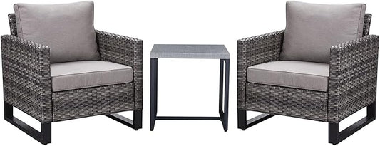 Belord Outdoor Bistro Set 3 Piece Outdoor Wicker Patio Chairs, Oversize Outdoor Rattan Seating Set, All-Weather Chairs Wicker Furniture with Metal Side Table and Water-Resistant Cushion for Outside