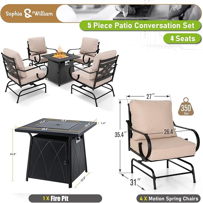 Sophia & William 5 Pieces Outdoor Patio Furniture Set with Gas Fire Pit Table, Patio Conversation Set with 4 Extra Large & High Back Motion Sofa Chairs & 28-Inch Fire Pit