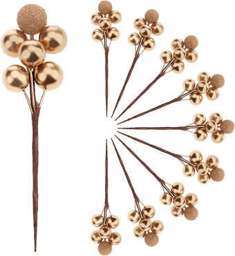 10pcs Glitter Fake Artificial Gold Berries Picks Christmas Tree Decorations Foam Flower Core Wedding Garland Holiday Party Photography Props