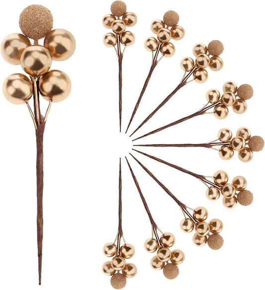 10pcs Glitter Fake Artificial Gold Berries Picks Christmas Tree Decorations Foam Flower Core Wedding Garland Holiday Party Photography Props