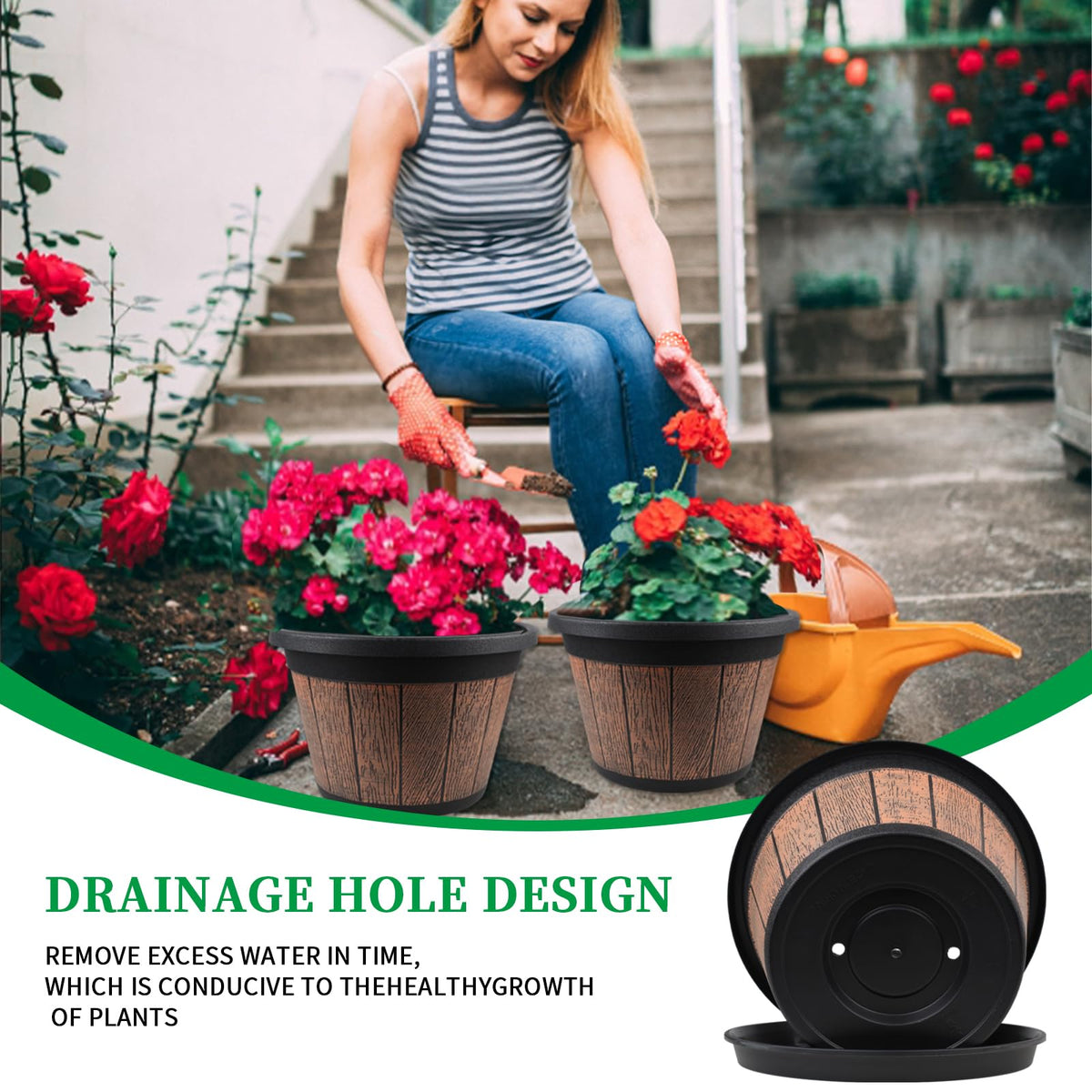 4 Pack 14 inch Plant Pots,Whiskey Barrel Planters with Drainage Holes