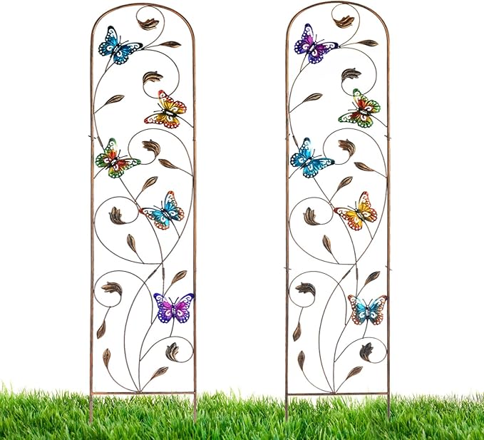 LEWIS&WAYNE 2 Pack Metal Garden Trellis with Colorful Butterfly 60 Inch High Outdoor Decoration Arched Fence Trellis for Climbing Plants for Patio, Lawn, Yard, Backyard, Wall Brackets