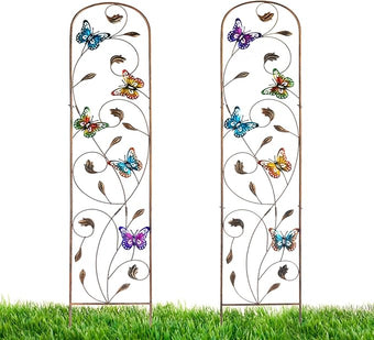 LEWIS&WAYNE 2 Pack Metal Garden Trellis with Colorful Butterfly 60 Inch High Outdoor Decoration Arched Fence Trellis for Climbing Plants for Patio, Lawn, Yard, Backyard, Wall Brackets