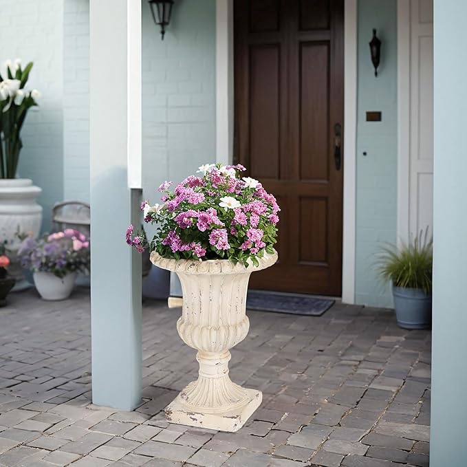 Christopher Knight Home Danny Patio Planter, Light Concrete Planter, Mid-Century Modern Urn, Floral Statue Design, Large Garden Pot, Flower Urn with Drainage Hole for Backyard Home, Antique White