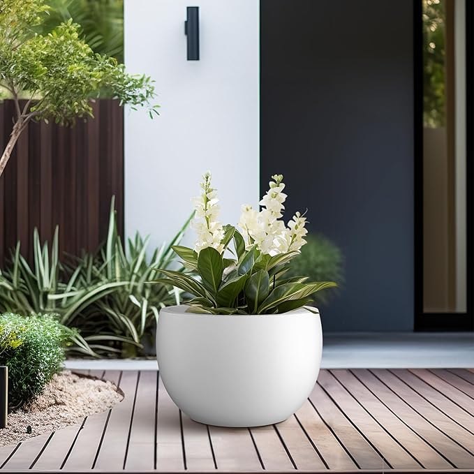 Kante 11.8" Dia Round Concrete Planter, Outdoor/Indoor Large Bowl Plant Pots with Drainage Hole and Rubber Plug for Garden Patio Balcony Home, Pure White