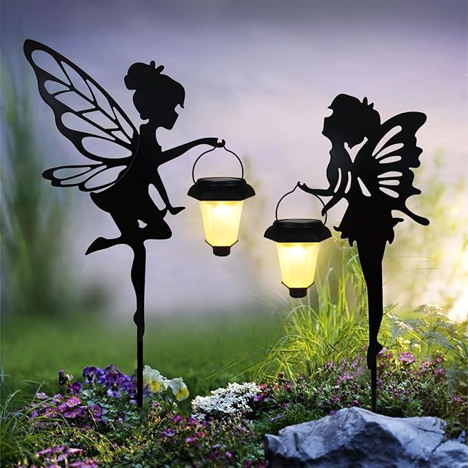 Solar Fairy Garden Stake Decorative Lantern, 2 Pack Metal Fairy Angel Garden Silhouette Lights for Lawn, Pathway, Patio, Yard Outdoor Decor