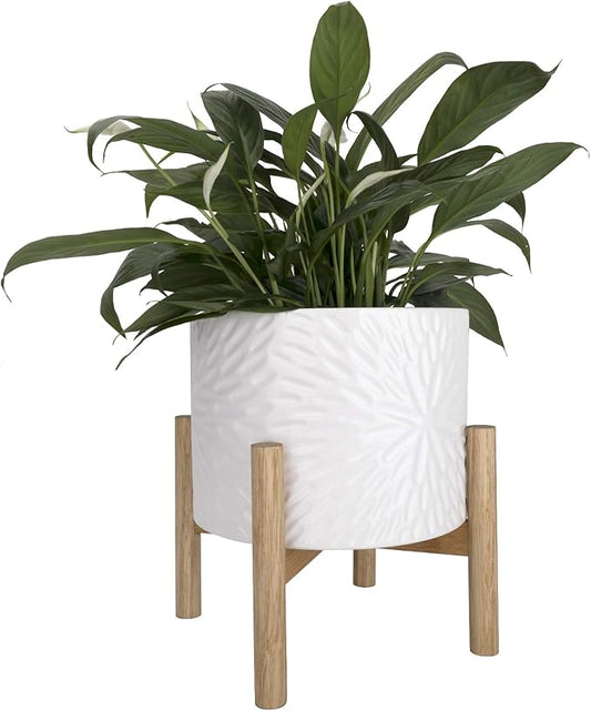 LA JOLIE MUSE White Planter with Stand,Mid Century Planters for Indoor Plants,Ceramic Plant Pot with Stand - 8 Inch Unique Modern Flower Pots Indoor with Drainage Holes