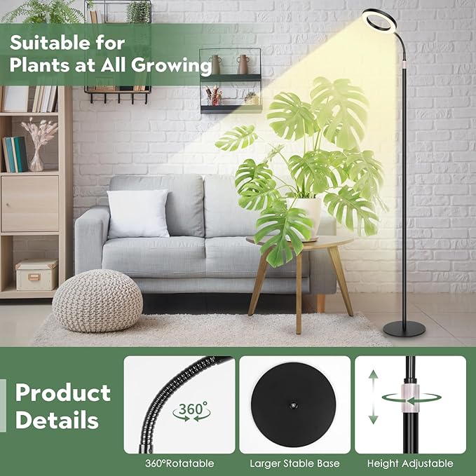 LBW Grow Lights for Indoor Plants Full Spectrum with Stand, Floor Plant Growing Lamp for Large Plants, Auto ON/Off Timer 4/8/12H, 4 Dimmable Levels, 68 inches Adjustable Height