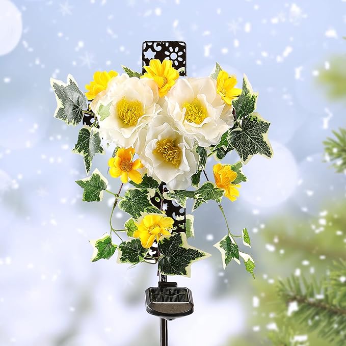 Starryfill Solar Cross Lights with Three Flowers, Solar Metal Stake with Led Warm White Lights Decorative for Outdoor Remembrance Sympathy Grave Gifts