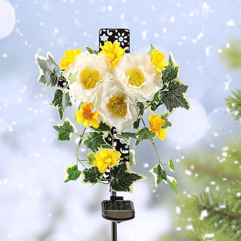 Starryfill Solar Cross Lights with Three Flowers, Solar Metal Stake with Led Warm White Lights Decorative for Outdoor Remembrance Sympathy Grave Gifts