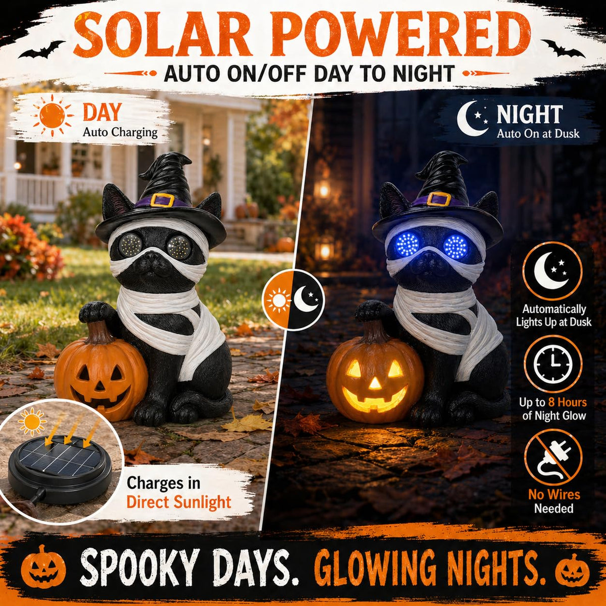 Dawbun Halloween Cat Decorations Outdoor Solar Lights Black Cat Decor for Garden Porch Yard Patio Entryway Animal for Cat Lovers Mummy Cat with Pumpkin LED Eyes Resin Statue 11.1 in