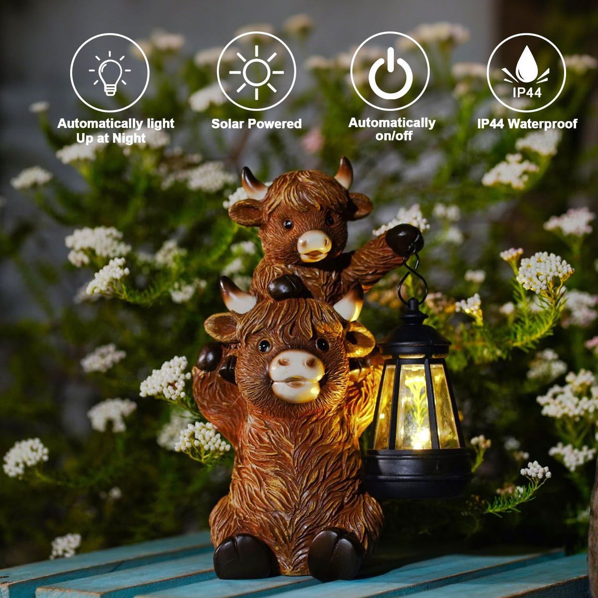 Goodeco Highland Cow with Solar Lantern Garden Statue
