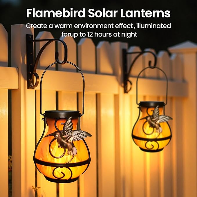 2 Pack Solar Lanterns Outdoor Waterproof, Hanging Hummingbird Flickering Flame Light Garden Decor Hanging Lights Decorative for Outside Patio Pathway Yard Christmas Birthday Gifts