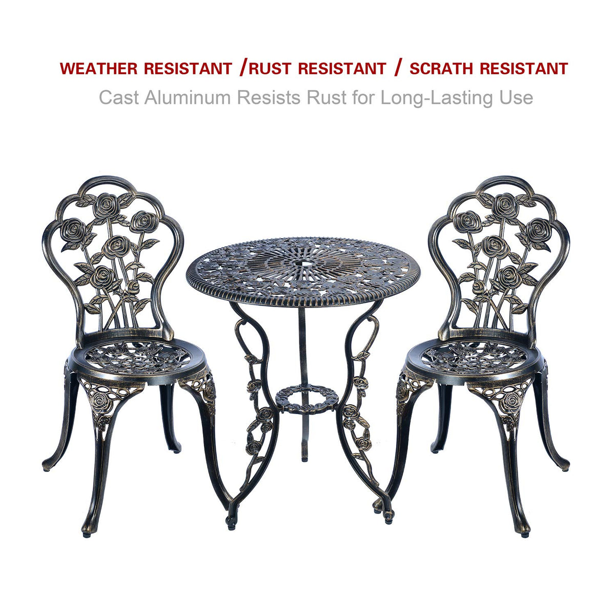 C/G 3 Piece Bistro Set, Outdoor Patio Table, Anti-Rust Cast Aluminum for Front Porch & Yard (Antique Copper)