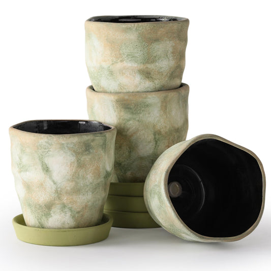 Pkeo Bbun Modern Irregular Ceramic Planter Set of 4, 4 Inch Small Unique Reactive Glaze Flower Pots with Drainage Holes & Saucers - Indoor Outdoor Decorative Succulent Orchid Pots- Light Green