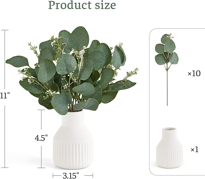 Dahey Artificial Eucalyptus Stems in Small Ceramic Vase Centerpiece Table Decorations Modern Farmhouse Decor Fake Eucalyptus Plants with Vase for Bathroom Kitchen Shelf Living Room Home Decor, White