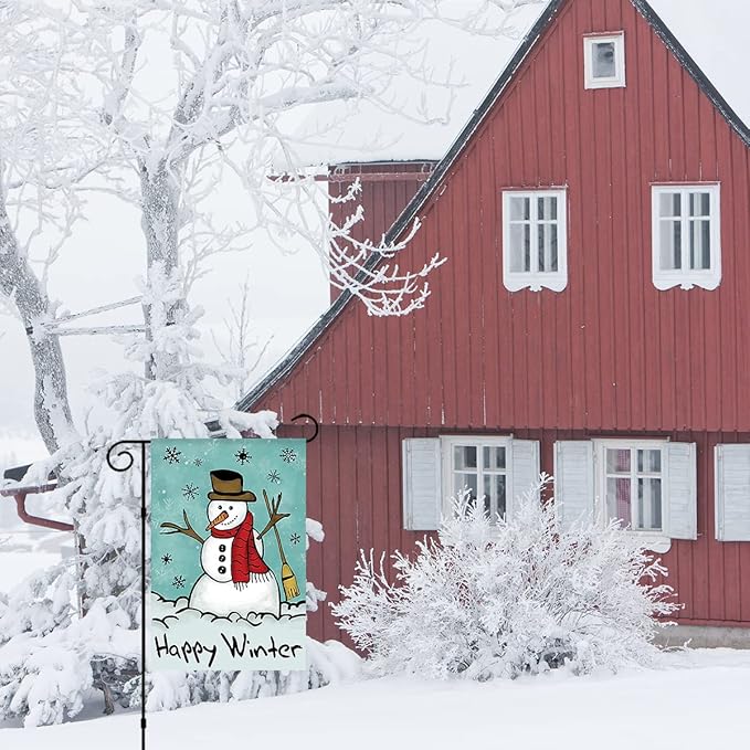 Morigins Happy Snowman Primitive Winter Yard Flag Double Sided Decorative Let it Snow Garden Flag 12.5x18 Inch